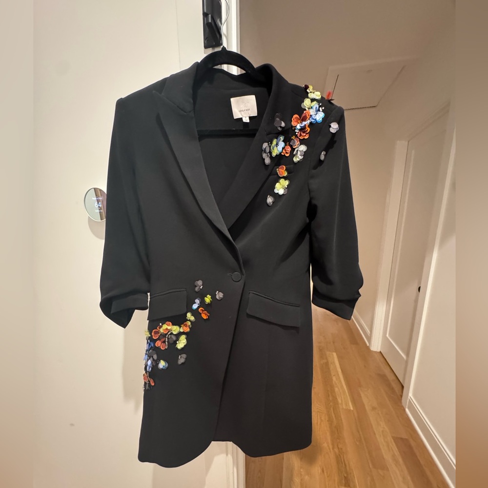 Cinq à Sept Black Jacket/Dress with Colorful Floral Accents